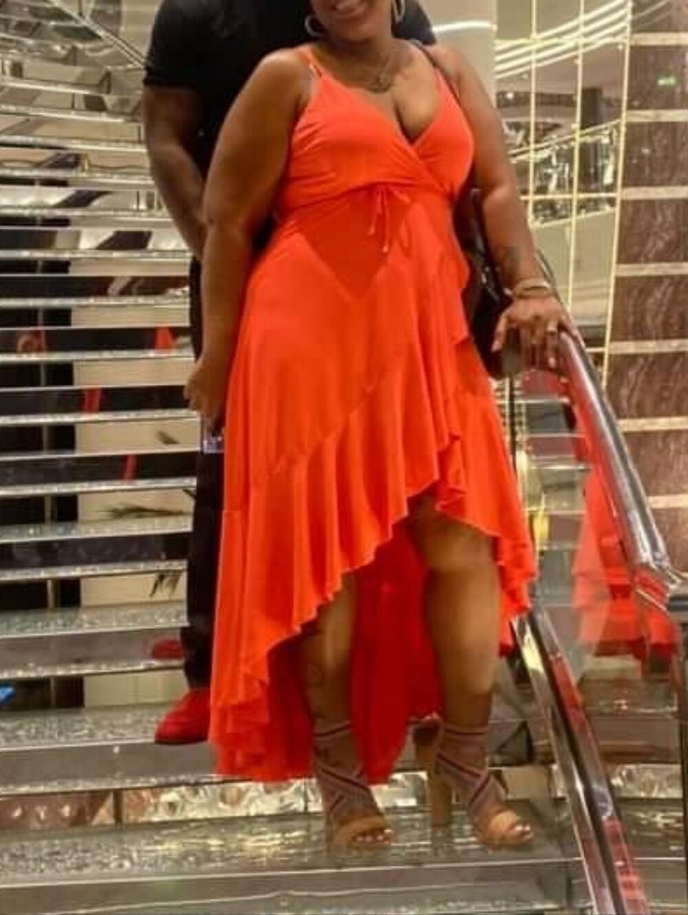 Vibrant Coral Asymmetrical Wrap Ruffle Dress